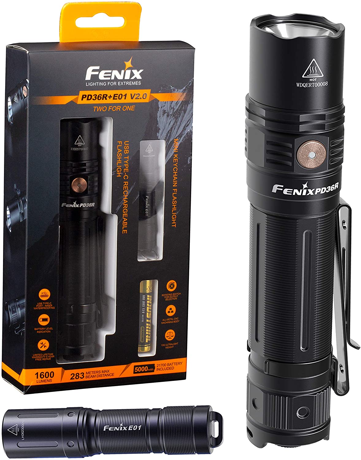 FENIX PD36R Rechargeable Flashlight + E01 V2.0 Combo - 1,600 lumens