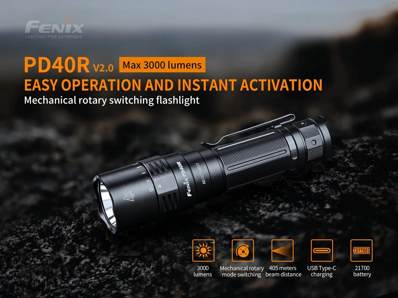 FENIX PD40R V2.0 Rechargeable Flashlight - 3,000 Lumens